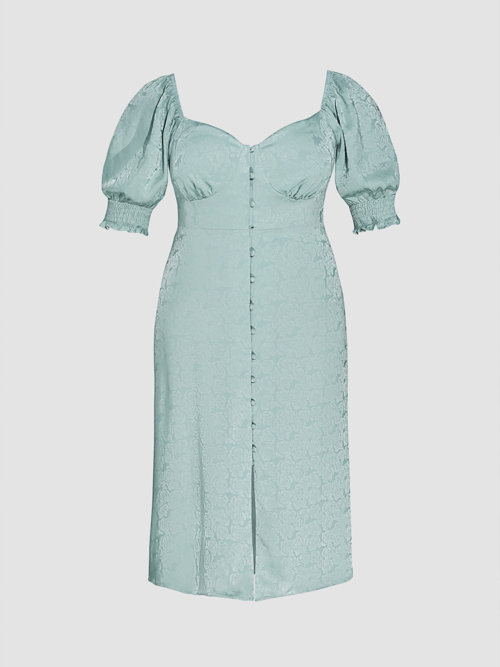 Women's Sage Blue Puff-Sleeve Button Front Midi Dress With Laced Back Curvy 2XL
